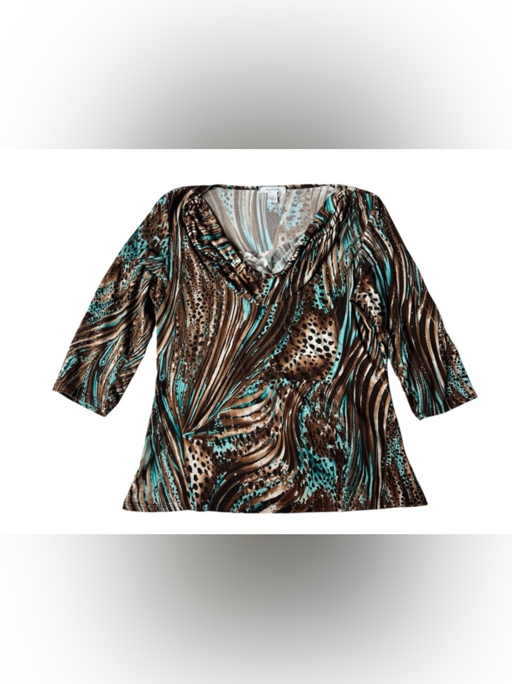 VINTAGE 90S DRESSBARN BROWN & TURQUOISE ABSTRACT 3/4 SLEEVE TOP LARGE SPANDEX